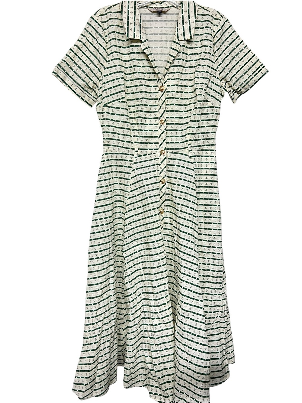 Banned Retro Bella Anchor Vintage-Inspired Green Stripe Button-Front Midi Dress